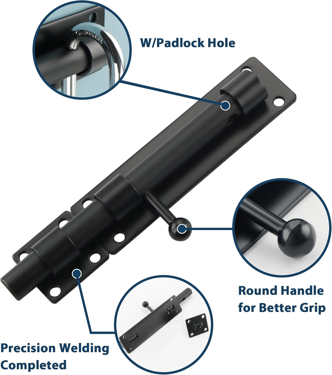 Alise 6 inch Barrel Bolt Latch,Slide Bolt Latch,Heavy Duty Solid SUS304 Stainless Steel Slide Lock for Wooden Fence,Barn Door,Interior or Outdoor Door Matte Black MS8000-B