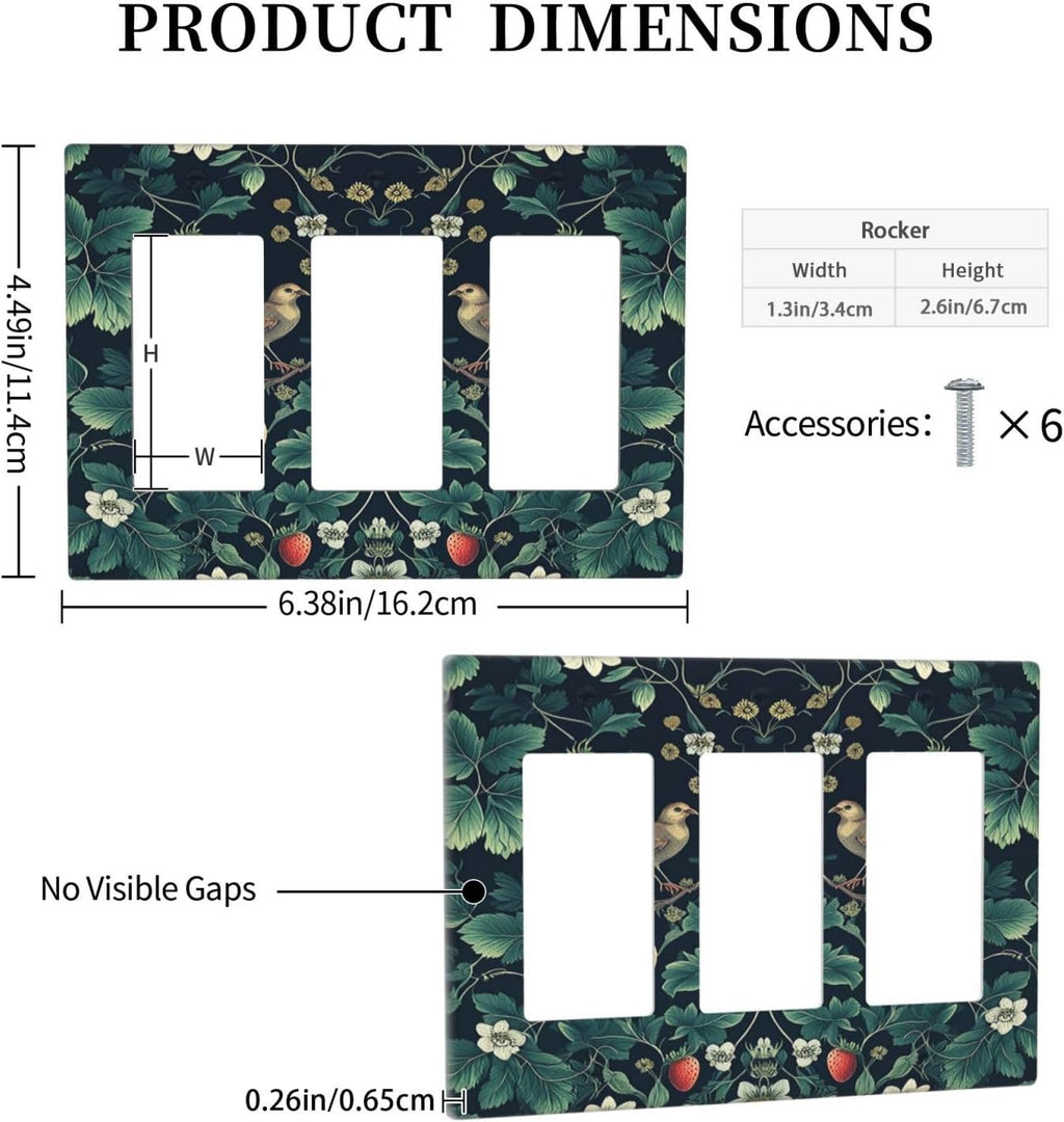Light Switch Covers Strawberry Birds Flowers Plant Morris Floral 3 Gang Rocker Electrical GFCI Decorative Triple Outlet Wall Plate Cover Switchplate for Bedroom Farmhouse Decor
