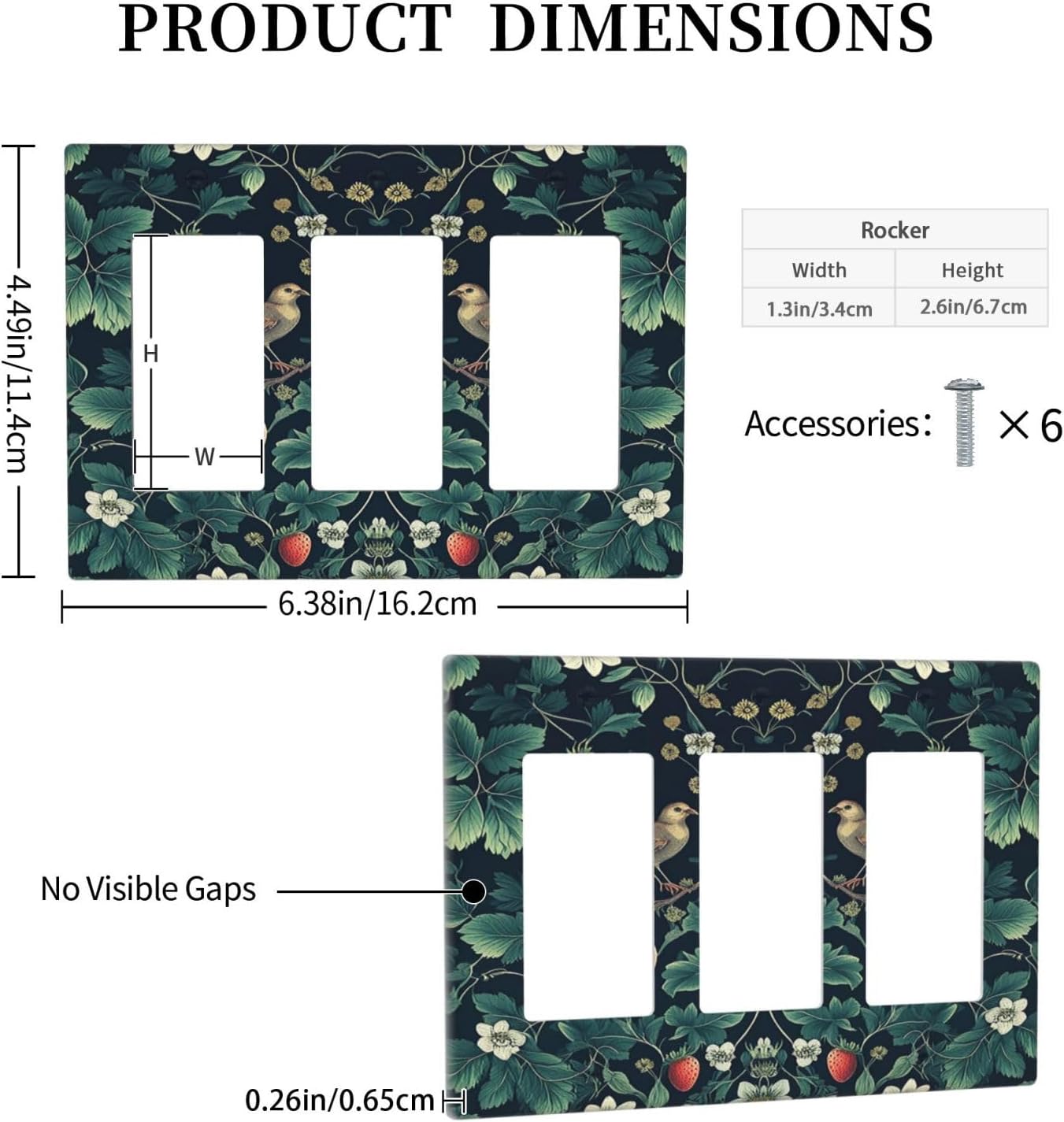 Light Switch Covers Strawberry Birds Flowers Plant Morris Floral 3 Gang Rocker Electrical GFCI Decorative Triple Outlet Wall Plate Cover Switchplate for Bedroom Farmhouse Decor
