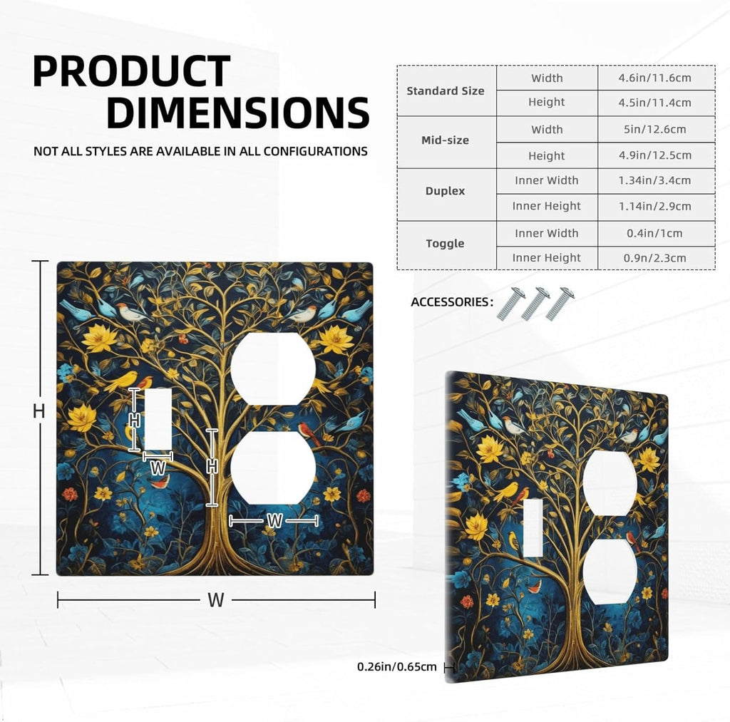 Decorative Outlet Covers Gold Tree of Life Blue Bird Yellow Flower 2 Gang Wall Plate Single Toggle Duplex Light Switch Cover Switch Plate Covers Faceplate for Bedroom Home Decor