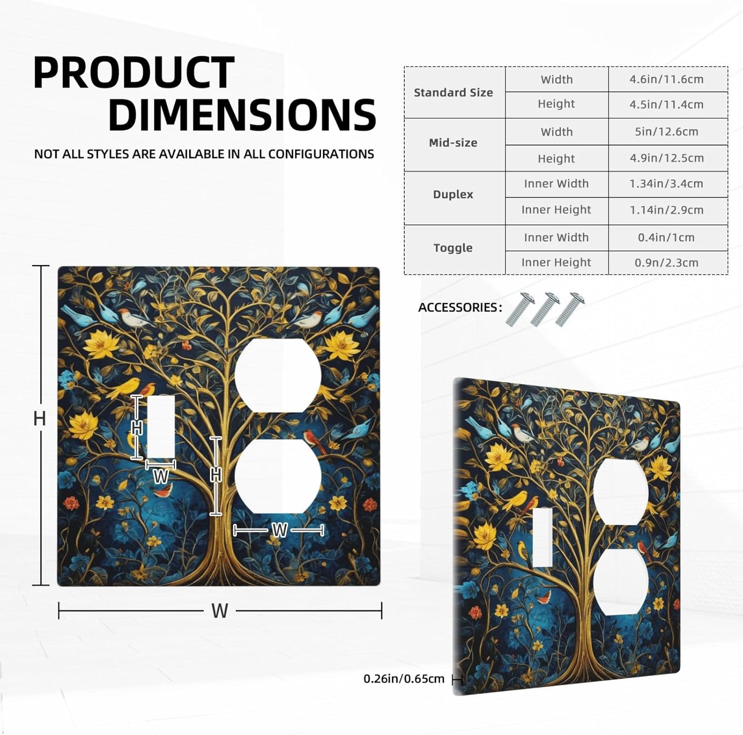 Decorative Outlet Covers Gold Tree of Life Blue Bird Yellow Flower 2 Gang Wall Plate Single Toggle Duplex Light Switch Cover Switch Plate Covers Faceplate for Bedroom Home Decor