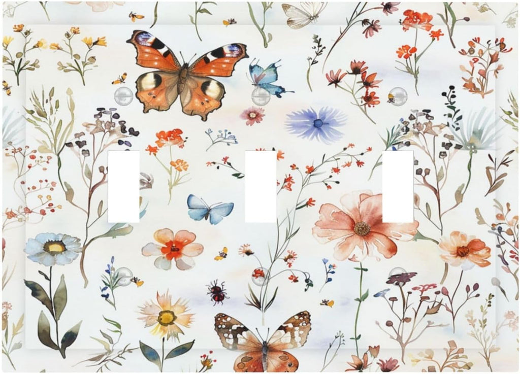 Decorative Switch Plates Butterfly Floral Boho Multicolor Flower Leave 3 Gang Wall Plate Triple Toggle Light Switch Cover Faceplate Electrical Wall Panels for Bed Room living Room Decor