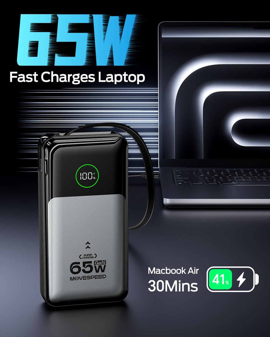 MOVE SPEED Portable Charger Laptop Power Bank 20000mAh 65W, Travel Essentials Battery Pack with Built-in Retractable USB-C Cable & Wall Plug, for MacBook/iPhone 17/16/15/iPad/Galaxy/Dell/HP and More