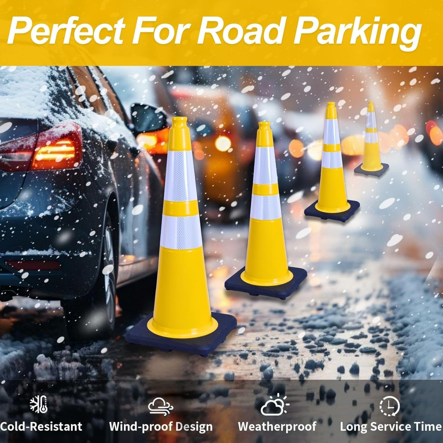 BESEA 6PACK 28 inch Traffic Safety Cones Yellow Road Parking Cones 28" Heavy Duty Construction Cone Structurally Stable for Traffic Control at Public Place(6PCS)
