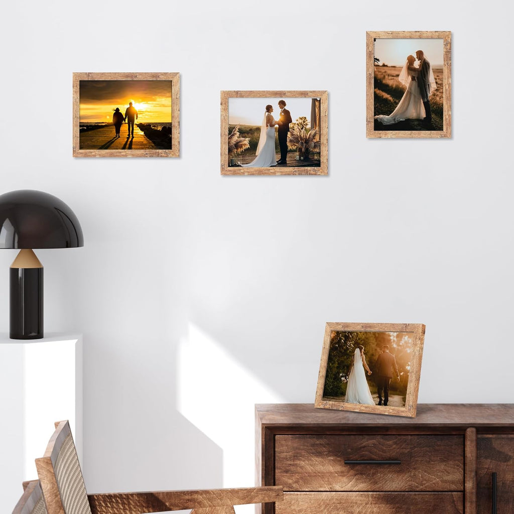 iRahmen 8.5x11 Picture Frame Set of 4, High Definition Real Glass Rustic Brown Frame, Wood Photo Frames 8.5 by 11 Diploma Document for Wall Hanging and Tabletop Display