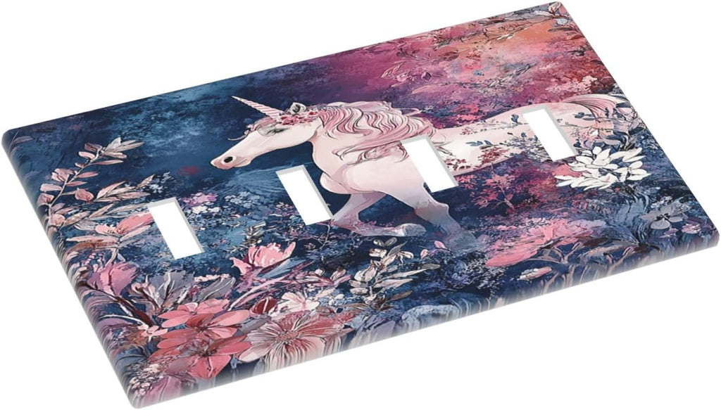 Light Switch Cover Plate Fantastic Pink Unicorn Wildflower Forest 4 Gang Quad Toggle Wall Plate Electrical Outlet Cover Decorative Switch Plate Covers for Bedroom Kids room Decor