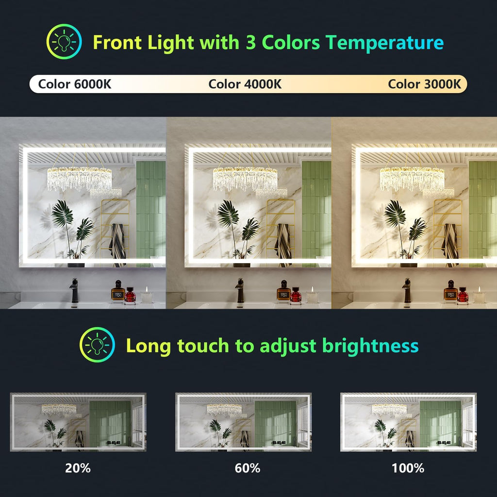 68x38 Inch RGB LED Bathroom Mirror Front Light and RGB Backlit Lighted Vanity Mirror for Bathroom Wall Mounted Dimmable Anti Fog Memory Shatter-Proof IP54 Waterproof Horizontal/Vertical