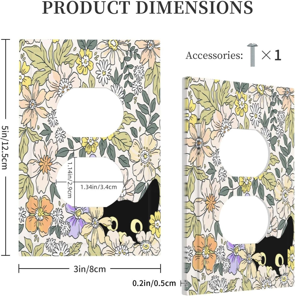 Decorative Outlet Covers Cute Black Cat in a Flower Patch Botanical Garden 1 Gang Duplex Light Switch Cover Plate Wall Plates Switch Plate Cover for Bedroom Home Decor（2 Pack）