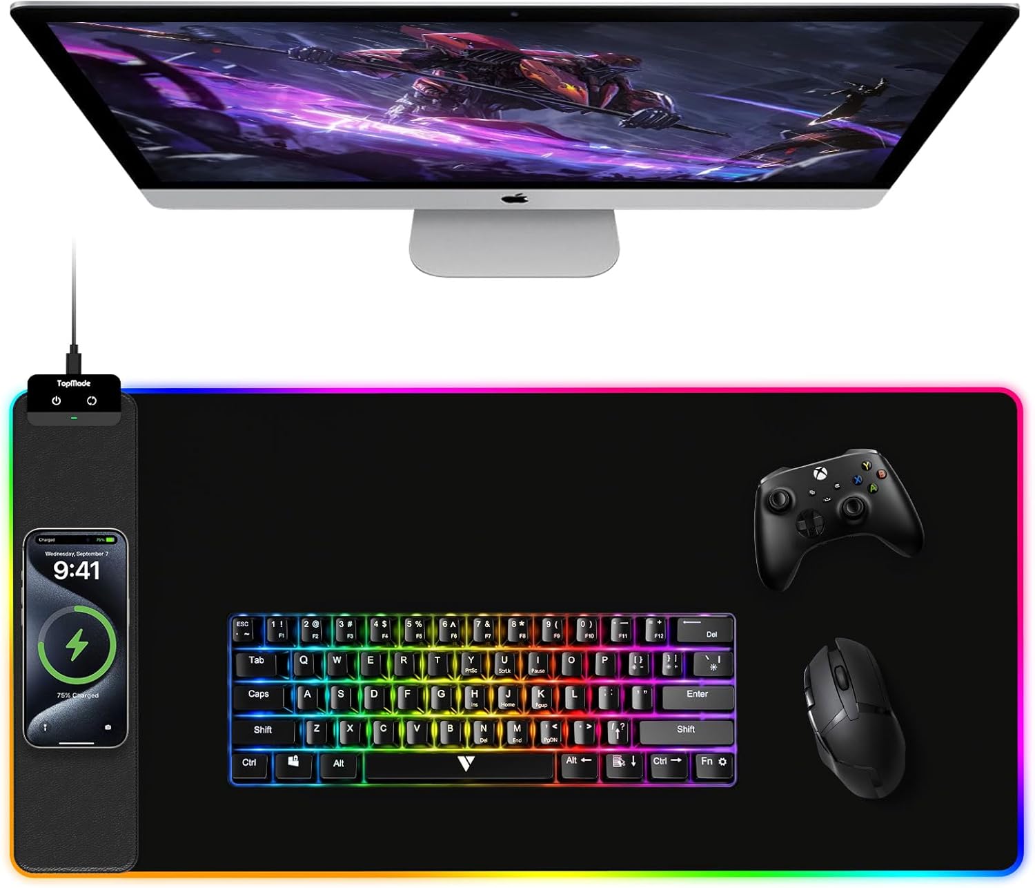 TopMade Mouse Pad with Wireless Charging, 31.5" x 15.75" Large Desk Mat RGB Gaming Mousepad, LED Desk Pad Keyboard Pad with Ultra-Smooth Surface & Non-Slip Rubber Base, Waterproof Desk Pad