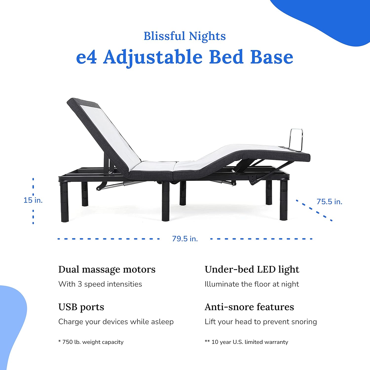 Blissful Nights e4 King Adjustable Bed Base Frame with 10" Medium Firm Gel Infused Memory Foam Mattress