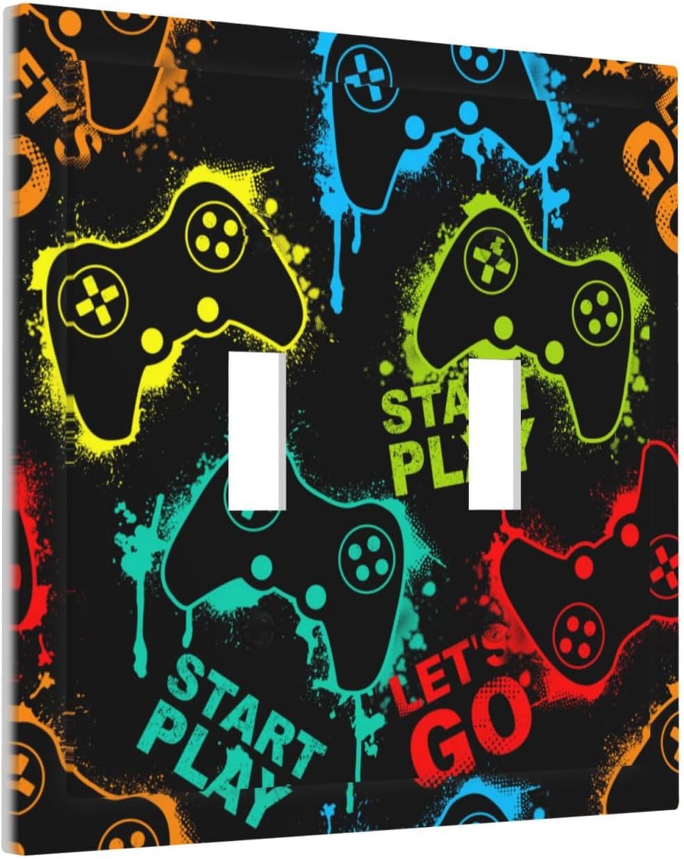 Decorative Light Switch Plate Covers Gamepad Theme Graffiti 2 Gang Light Switch Cover Unique Double Toggle Wall Plate Outlet Covers for Game Room Home Decor （2 Pack）
