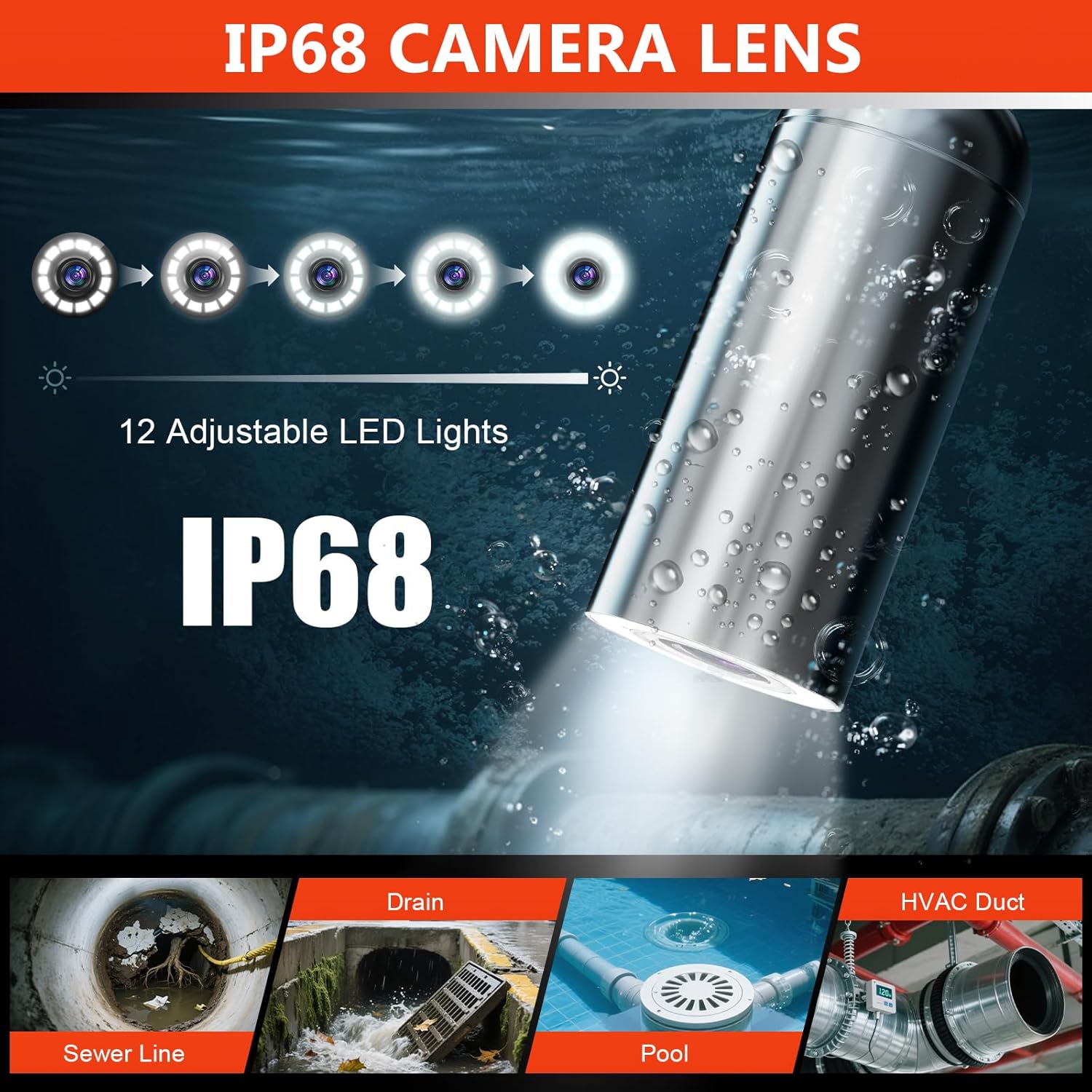 Sewer Camera, Self-Leveling Drain Camera 100 ft with Distance Counter, 9" 1080P HD Plumbing Cameras Snake with 12 LED Lights, IP68 & 32GB DVR, Industrial Endoscope for Duct Sewer Line Pipe Inspection