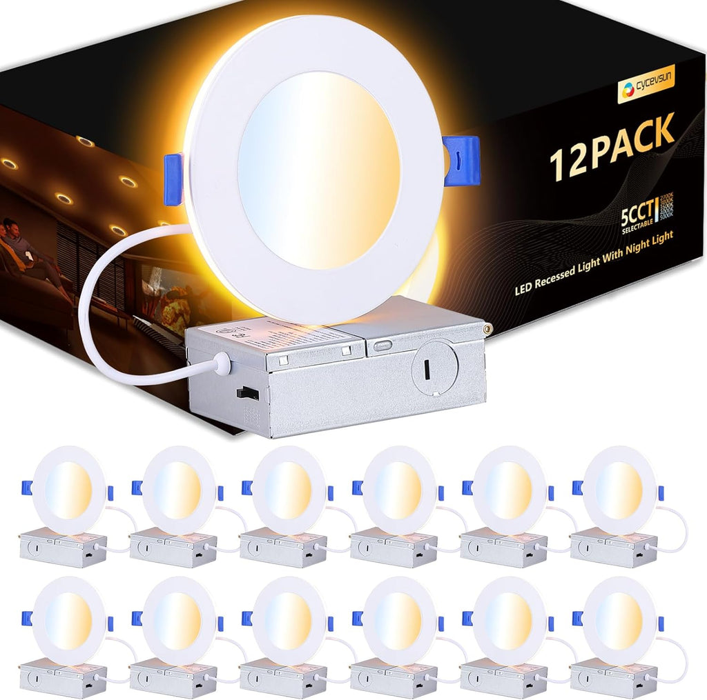 CycevSun Pot Lights LED 4 Inch Recessed Lights with Night Light Mode, Dimmable & 2700K/3000K/3500K/4000K/5000K Selectable, 9W, cETL, White, IC Rated, 12 Pack