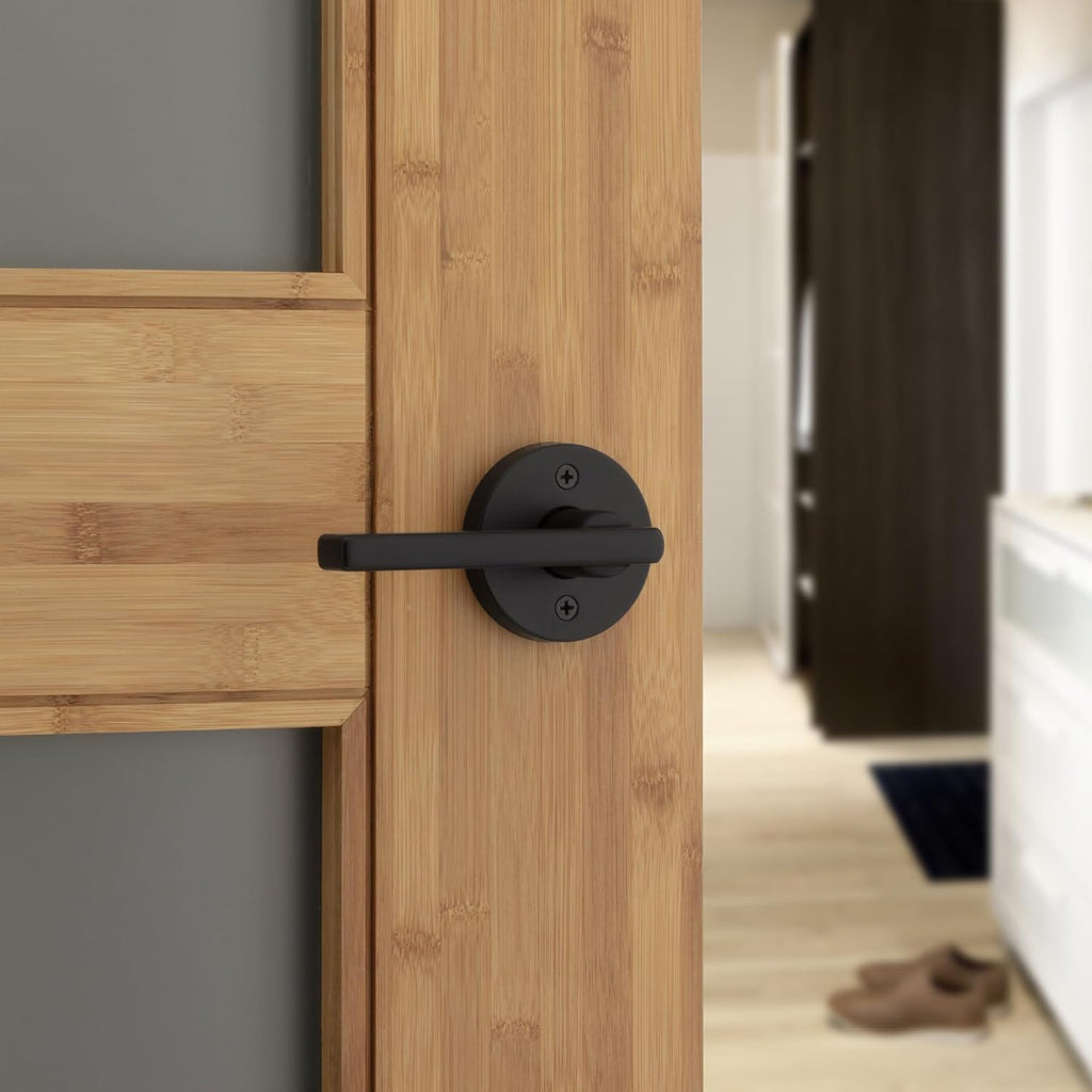 Kwikset Halifax Interior Privacy Door Handle with Lock, Round Lever for Bathroom and Bedroom, Matte Black Reversible Keyless Push Button Lock Door Lever, with Microban Protection