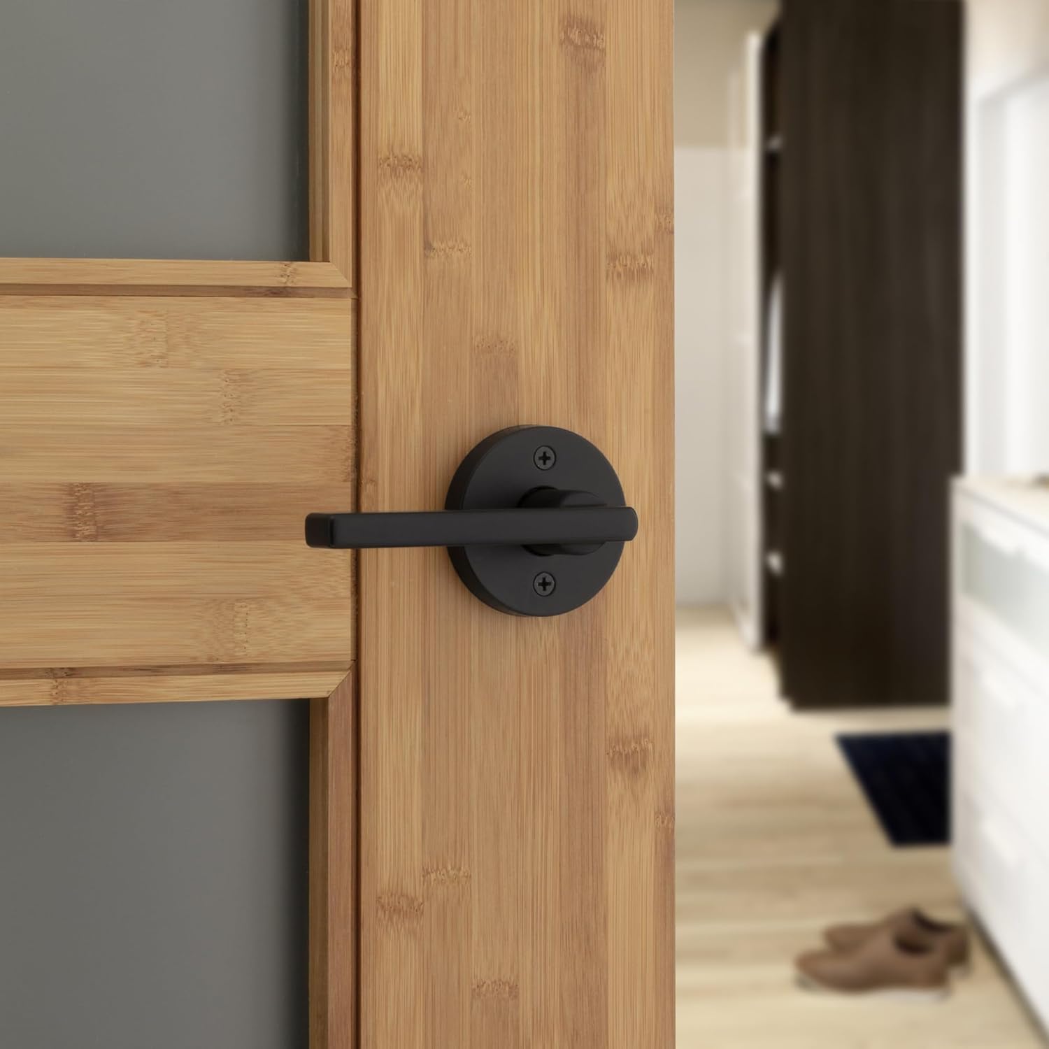 Kwikset Halifax Interior Privacy Door Handle with Lock, Round Lever for Bathroom and Bedroom, Matte Black Reversible Keyless Push Button Lock Door Lever, with Microban Protection