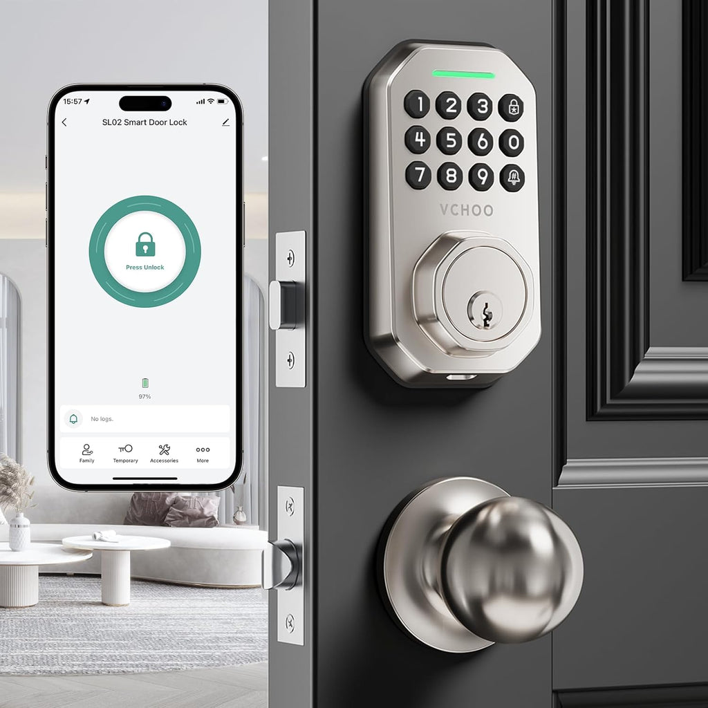Keyless Entry Door Lock Set Smart Locks for Front Keypad Door Lock with Handle Automatic Lock One Time Password Anti Peeping Password IP54, Satin Nickel