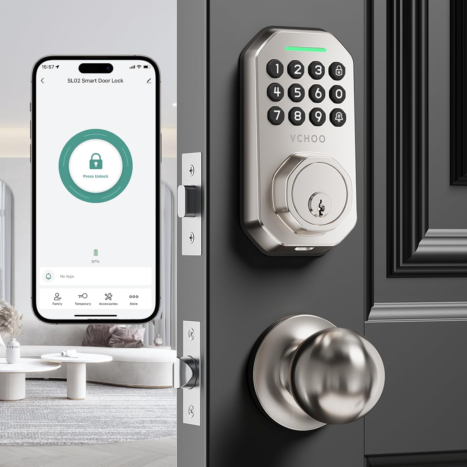 Keyless Entry Door Lock Set Smart Locks for Front Keypad Door Lock with Handle Automatic Lock One Time Password Anti Peeping Password IP54, Satin Nickel