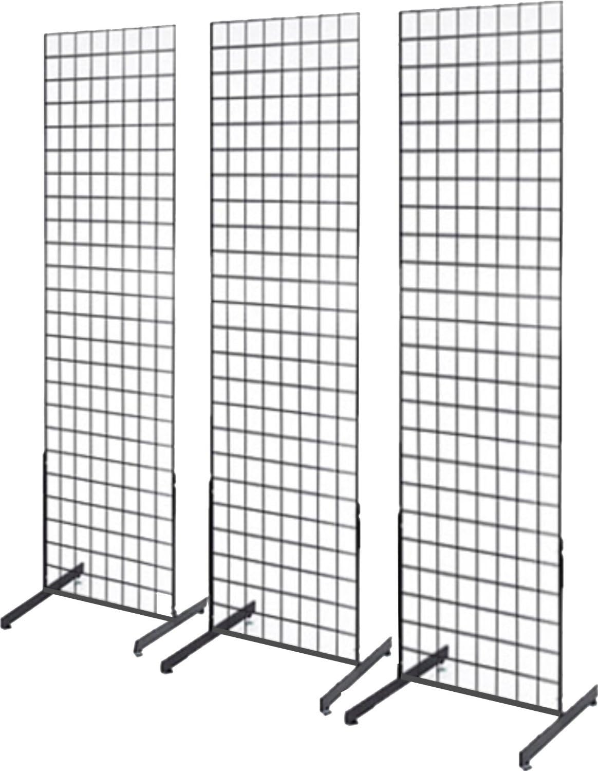 Only Hangers 2' x 6' Grid Wall Panel Floorstanding Display Fixture with Deluxe T-Style Base, Black or White. Three-Pack Combo. (BLACK)