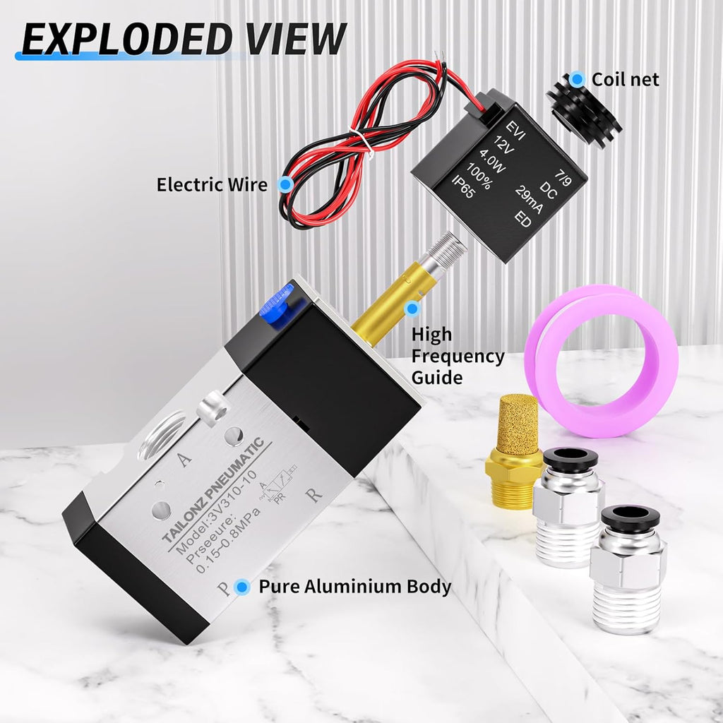TAILONZ PNEUMATIC 3/8"NPT Solenoid Valve 3V310-10 12V/24V Single Coil Pilot-Operated Electric 2 Position 3 Way Connection Type(Outlet wire)