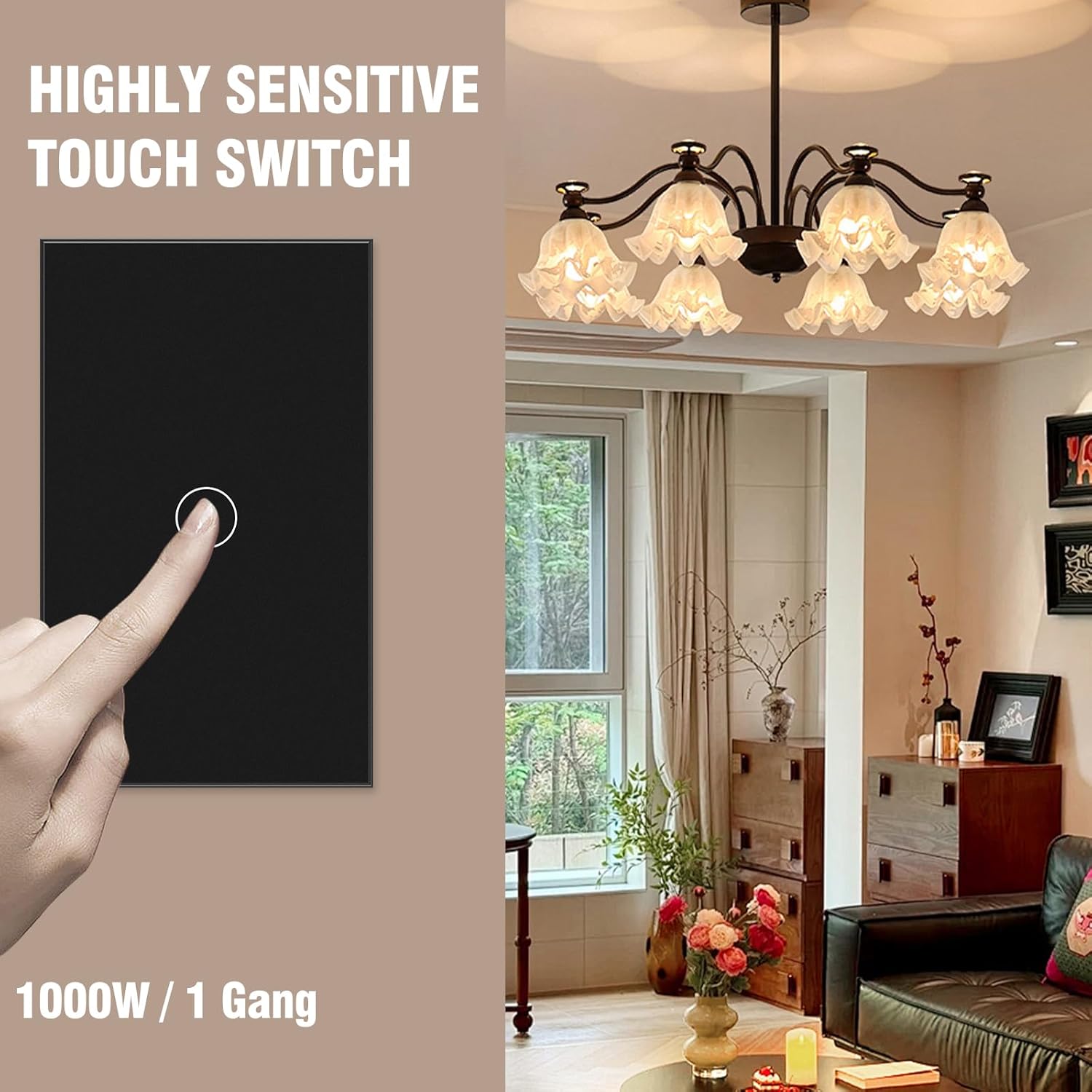 2 Way Light Switch 118X72X34MM No Neutral Wire, Wall Touch Switch 1000W, Tempered Glass Panel, FCC, Black 1 Gang