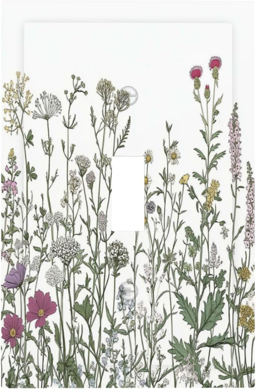 Vintage Herbs Wildflowers Plant Floral Decorative Light Switch Cover 1 Gang Single Toggle Device Electrical Faceplate Switchplates Decorator Outlet Wall Plate For Bed Room Home Decor