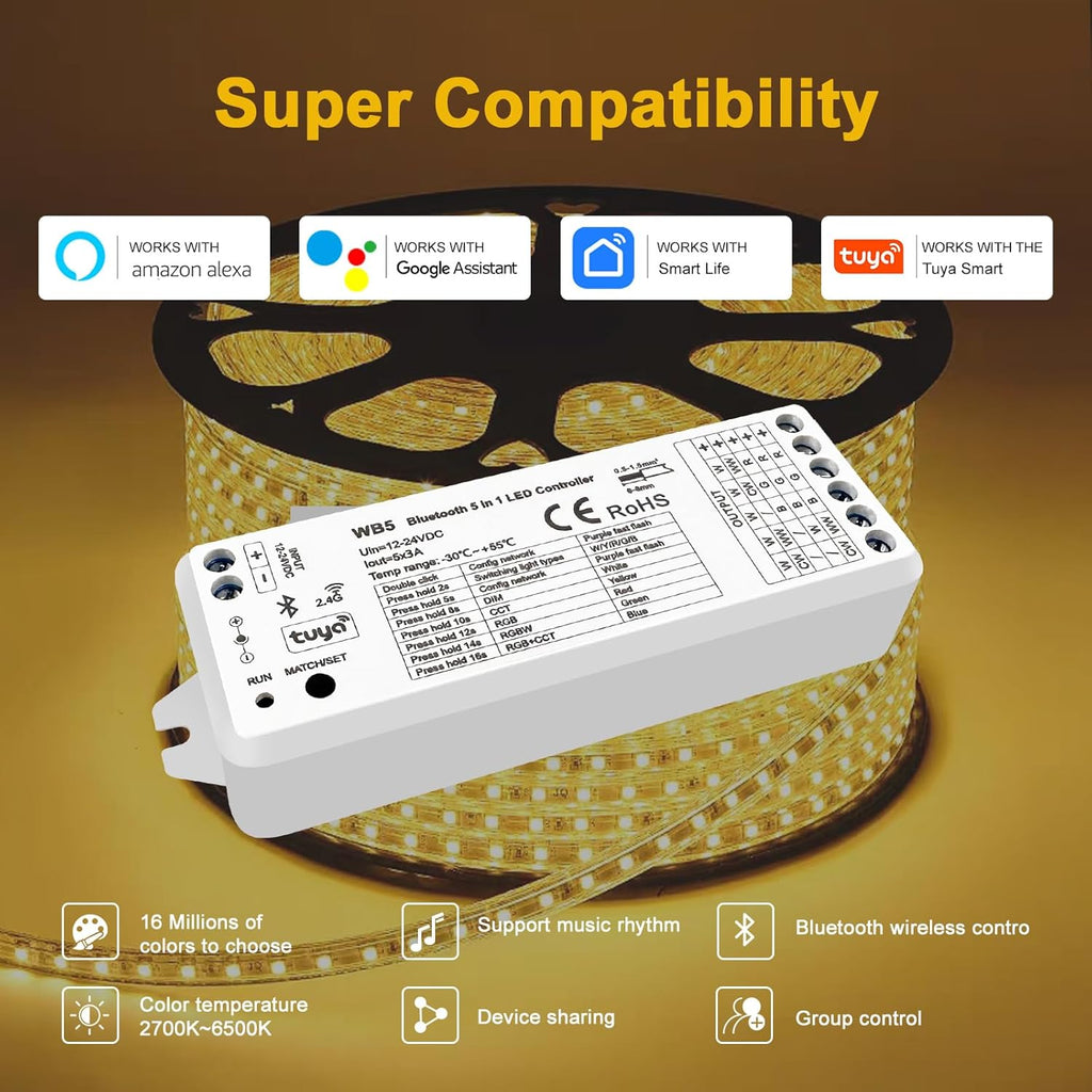 5in1 WB5 LED Controller Bluetooth Control 2.4GHz Dimmable CCT RGB RGBW RGBCCT COB LED Strips - Compatible with Tuya App Echo Alexa Google Home Voice Control