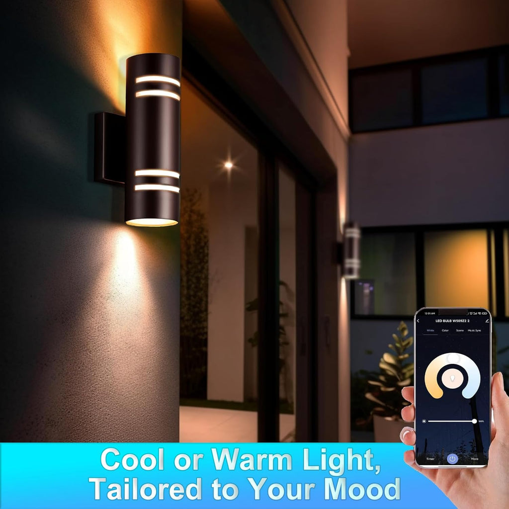 RGB Outdoor Wall Lights, Modern Color Changing Outdoor Wall Sconce, Cylinder Up and Down Bronze Porch Lights Fixture, Compatible with Smart Life & Google Alexa,for Garage,Yard,Front Door