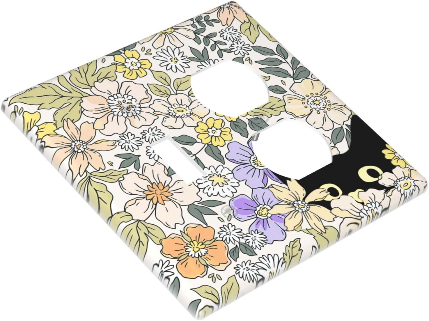 Decorative Outlet Covers Cute Black Cat in a Flower Patch Botanical Garden 2 Gang Wall Plate Single Toggle Duplex Combo Light Switch Covers Switch Plate Cover for Bedroom Home Decor