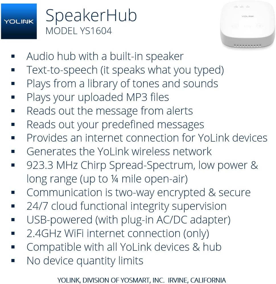 YoLink Water Leak Detection Starter Kit, w/SpeakerHub Audio/Talking Hub & Water Leak Sensor 1, LoRa Up to 1/4 Mile Open-Air Range, SMS/Text, Email & Push Notifications, w/Alexa, IFTTT, Home Assistant