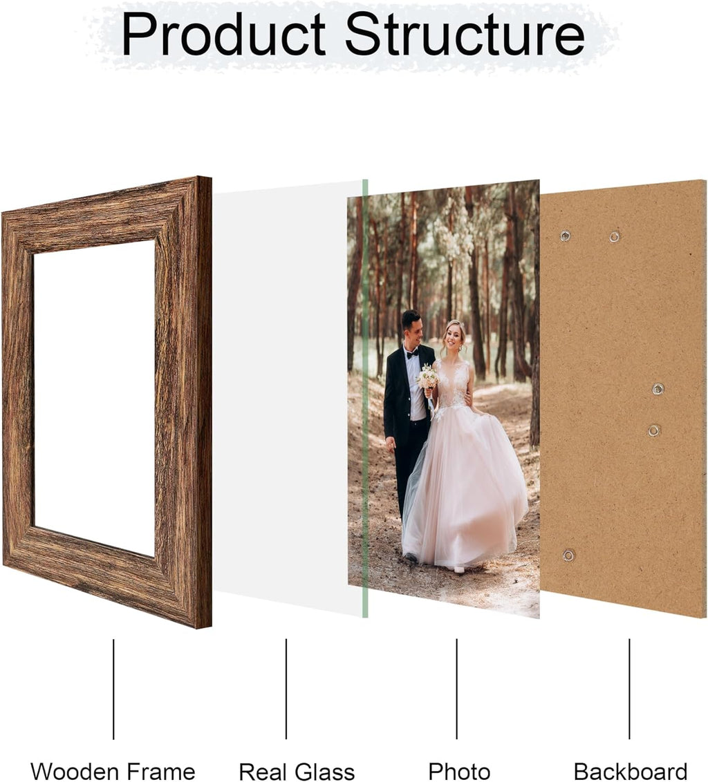 iRahmen 4x6 Picture Frame Set of 4, High Definition Glass Brown Frame, 4 x 6 Wood Rustic Photo Frames for Horizontal or Vertical Display Tabletop and Wall Mounting