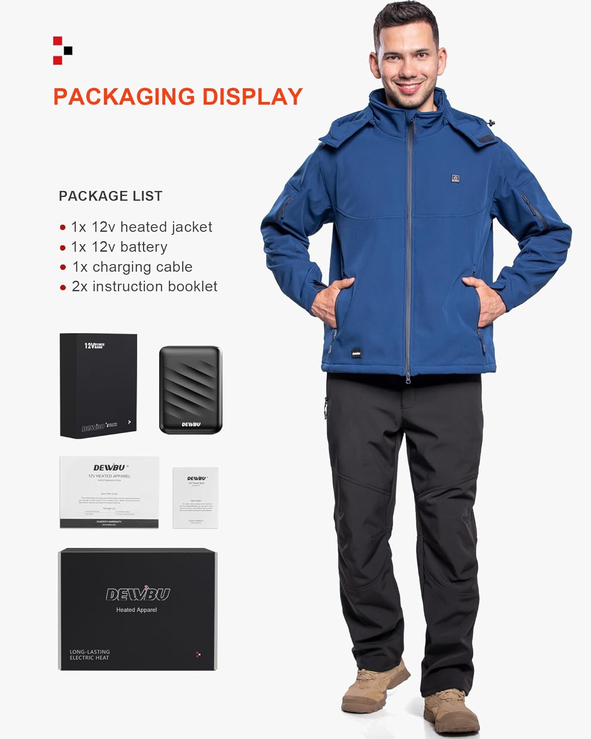DEWBU Soft Shell Heated Jacket for Men with 12V Battery Pack and Detachable Hood Outdoor Electric Heating Coat