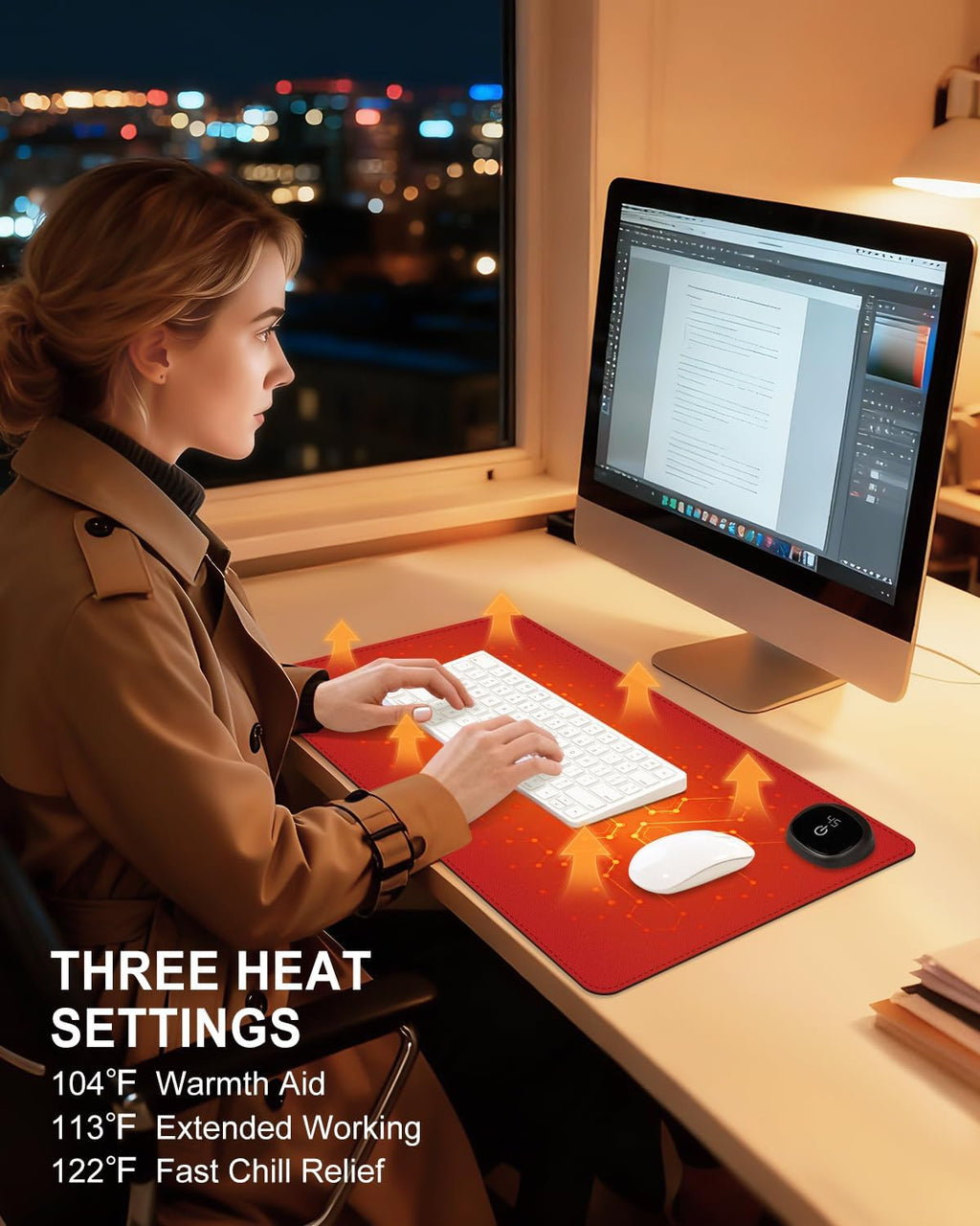 Heated Desk Pad, 23.6" x 14.2" Leather Non-Slip Warm Desk Pad, Large Mouse Mat with 3 Levels Heating & 3 Hours Auto Shut-Off, Hand and Foot Warmer for Office, Home, Red
