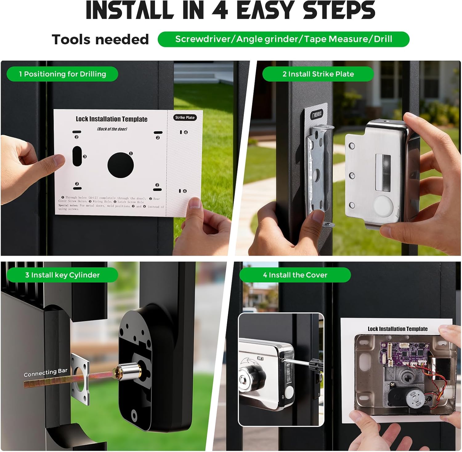 Smart Gate Lock, Electronic Gate Locks for Outdoor Fence, Keyless Smart Rim Lock, Electric Sided Keypad Locks with App Control, IC Card, Keys, Anti-Peep Touchscreen, Perfect for Fence and Outdoor