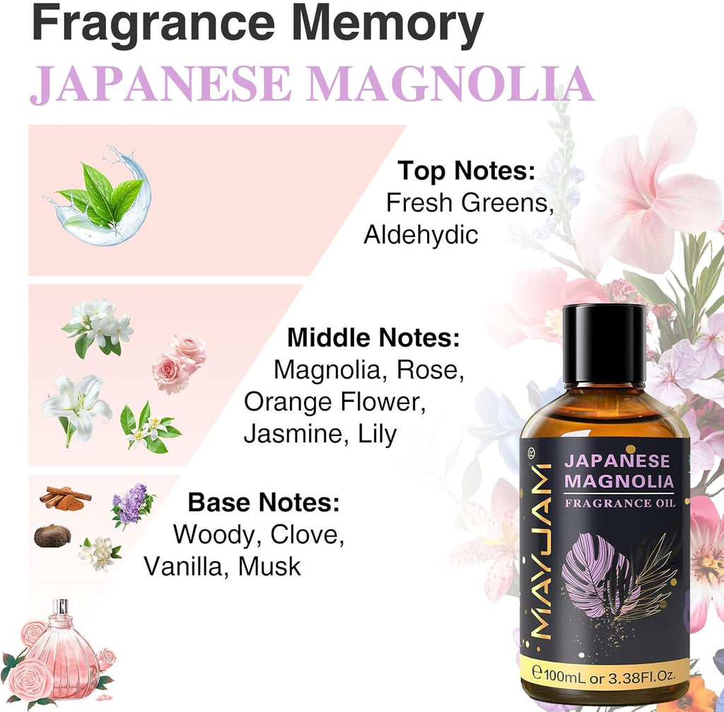 MAYJAM 100ML/3.38FL.OZ Japanese Magnolia Fragrance Oils with Glass Dropper, Essential Oils for Diffusers for Home, Long Lasting Scented Oils for Diffusers Soap Candle Making