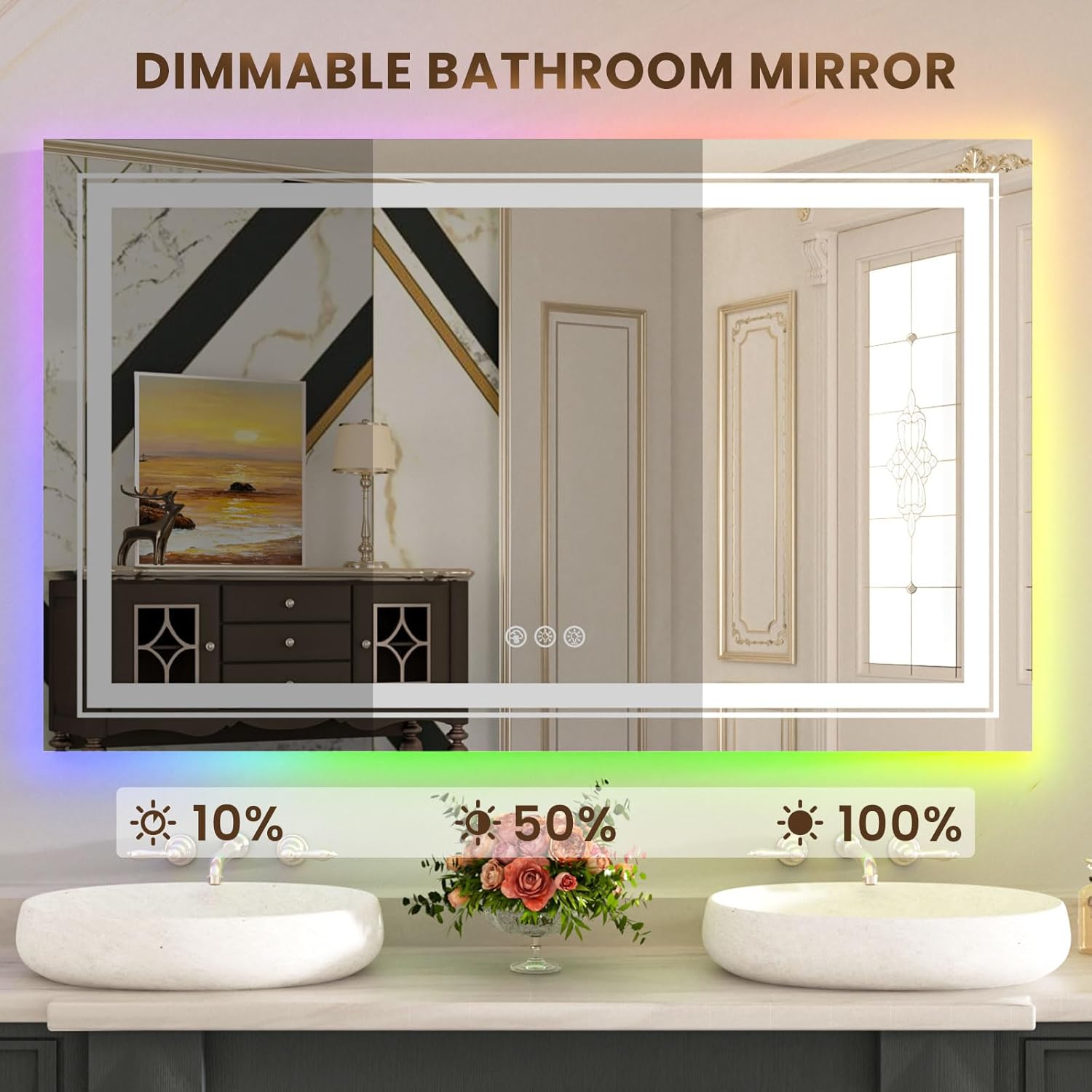 WTTY LED Bathroom Mirror 48"x30" with RGB Backlit and Front Light,Stepless Dimmable LED Mirror for Bathroom,Lighted Bathroom Vanity Mirror,Anti-Fog,Memory Function,Shatter-Proof,Wall Mounted