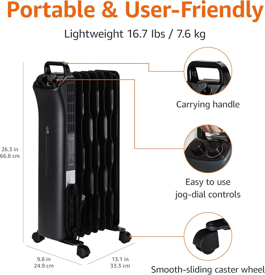 Amazon Basics Oil Space Heater, Portable Radiator Heater with 7 Oil-Filled Fins for Indoor Use, 3 Heat Settings, Thermostat, Tip-Over Protection, ETL Safety Certificate, Manual Control, 1500W, Black