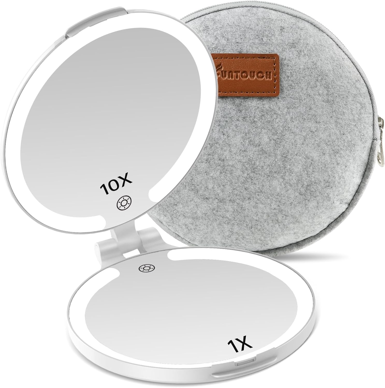 FUNTOUCH Travel Mirror with Lights and Magnification, 1X/10X Double Sided Makeup Vanity Mirror with 3 Color Setting, Christmas Birthday Gifts for Women Girls with Bag