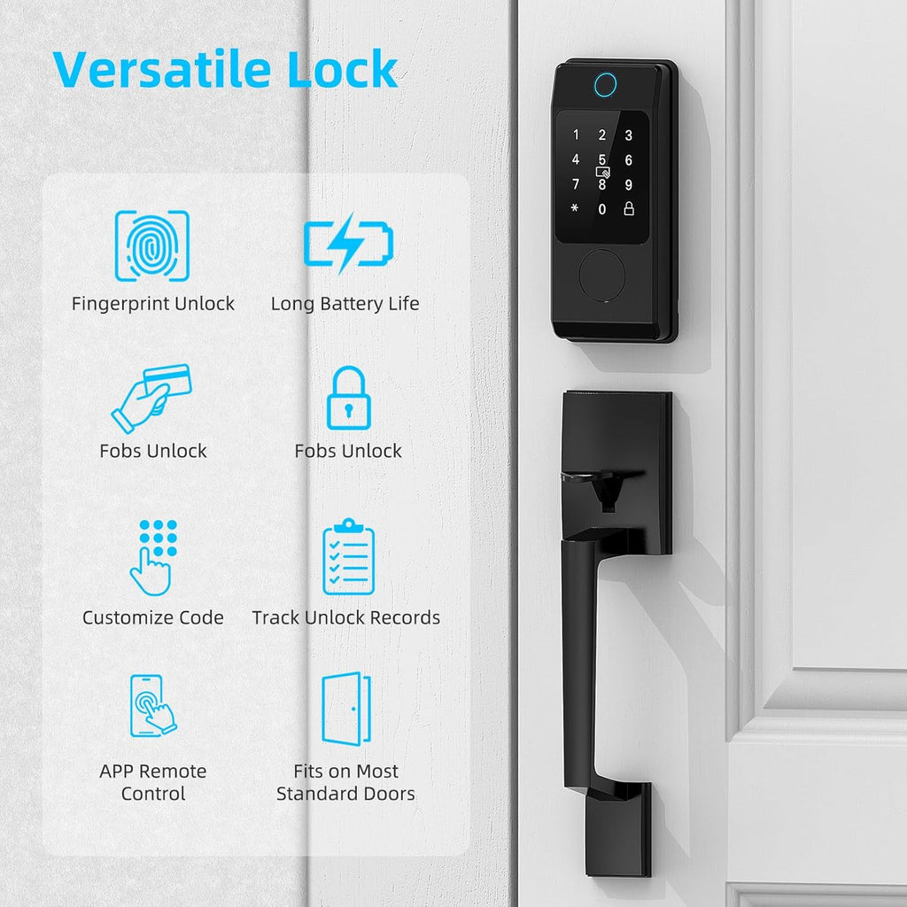 WiFi Smart Locks for Front Door with Handle Sets, Keyless Entry Door Lock Fingerprint Deadbolt, Electronic Digital Touchscreen keypad, App Control, Easy to Install (Black)