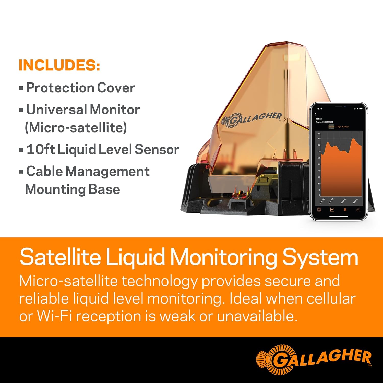 Gallagher Satellite Liquid Monitoring System - Wireless Water Level Indicator for Water Tanks, Troughs, Liquid Fertilizer Tanks & Irrigation - Reliable Satellite Connection Water Level Sensor
