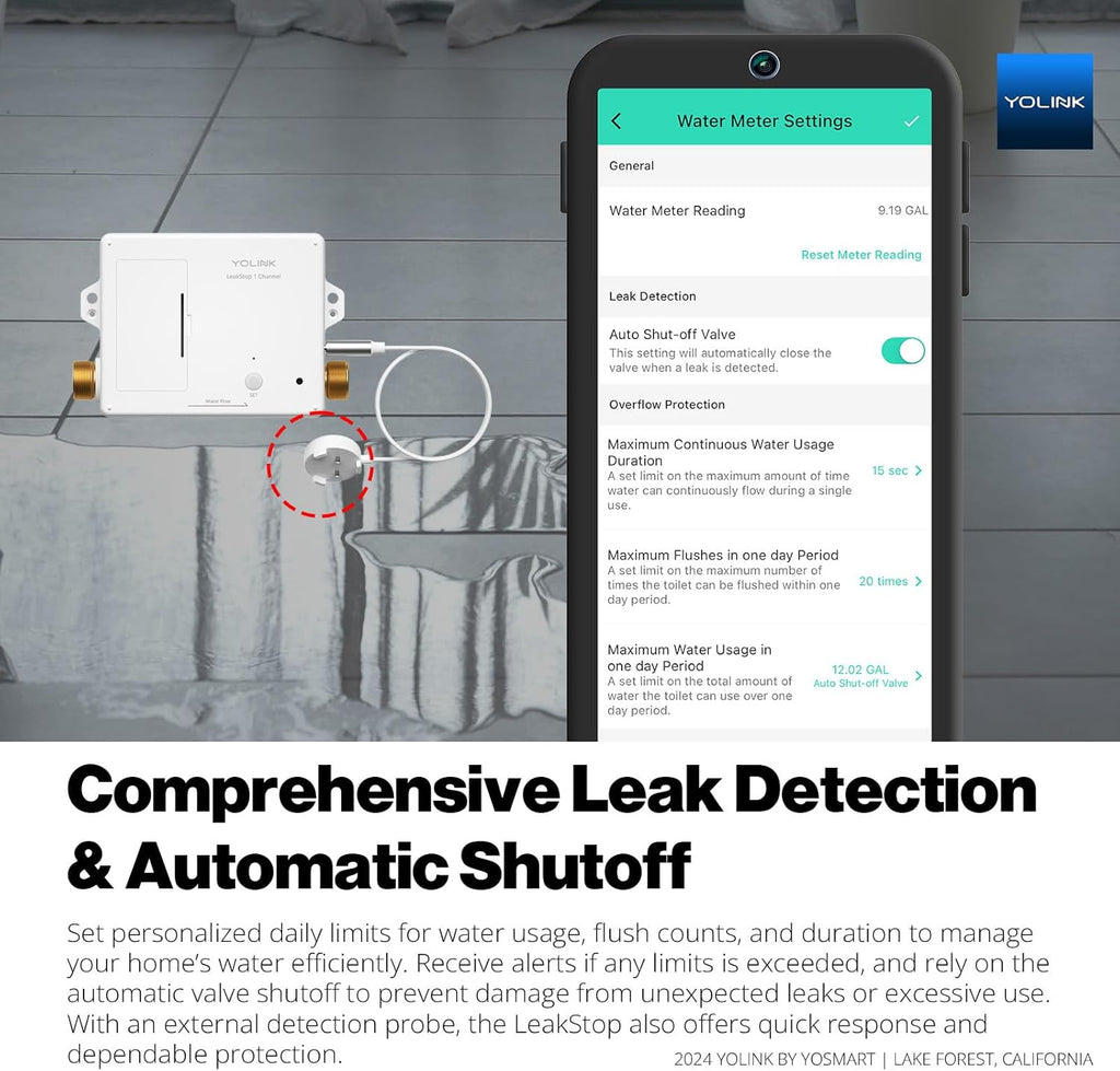 YoLink LeakStop 1-Channel for Toilets/Sinks, Auto Shutoff Valve & Leak Detector, Real-Time Monitoring, LoRa Long-Range, 2 AA Up to 5-Year Battery, App/SMS/Email Alerts – Hub Required