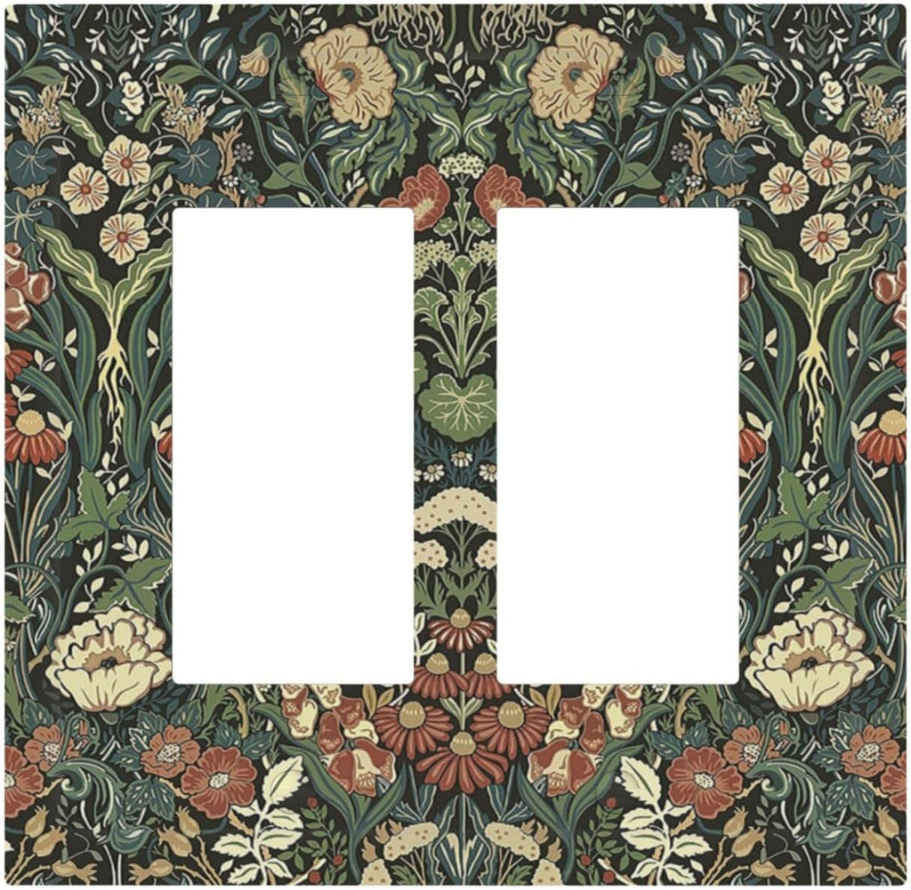 Decorative Outlet Covers Vintage Dark Floral William Morris Green Flower 2 Gang Double GFCI Rocker Electrical Wall Panels Light Switch Cover Plate for living Room Home Decor