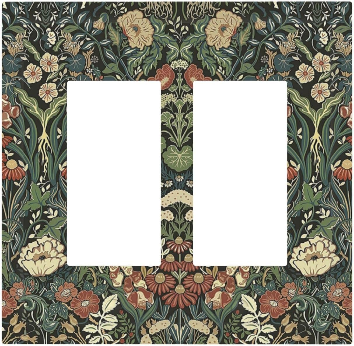 Decorative Outlet Covers Vintage Dark Floral William Morris Green Flower 2 Gang Double GFCI Rocker Electrical Wall Panels Light Switch Cover Plate for living Room Home Decor