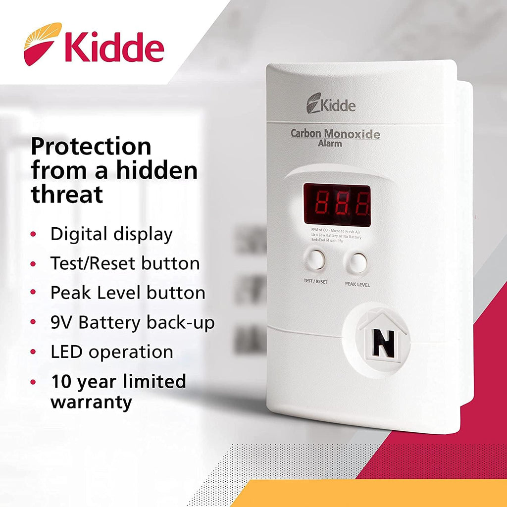 Kidde Carbon Monoxide Detector, Plug In Wall with 9-Volt Battery Backup, Digital LED Display - 4 Pack