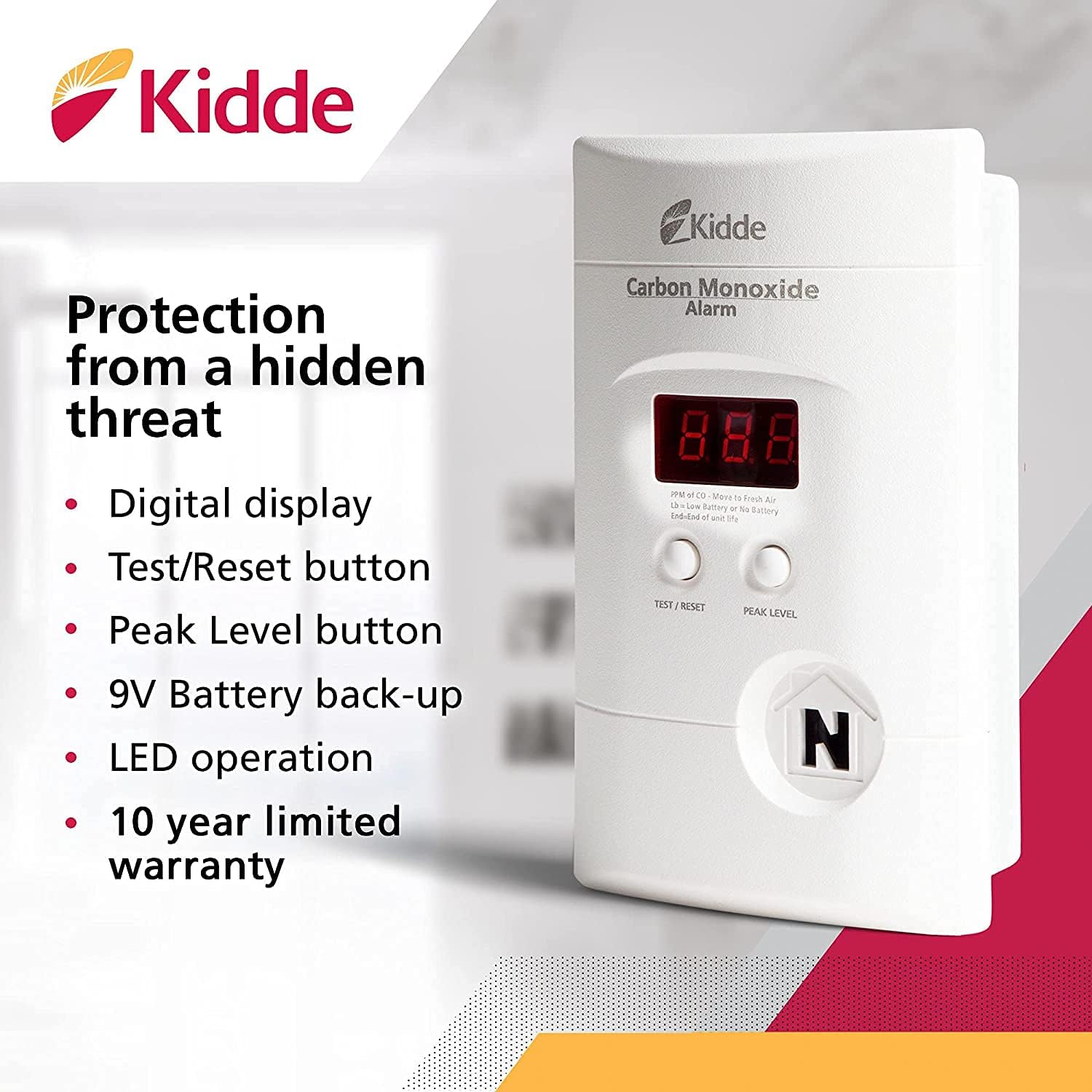 Kidde Carbon Monoxide Detector, Plug In Wall with 9-Volt Battery Backup, Digital LED Display - 2 Pack