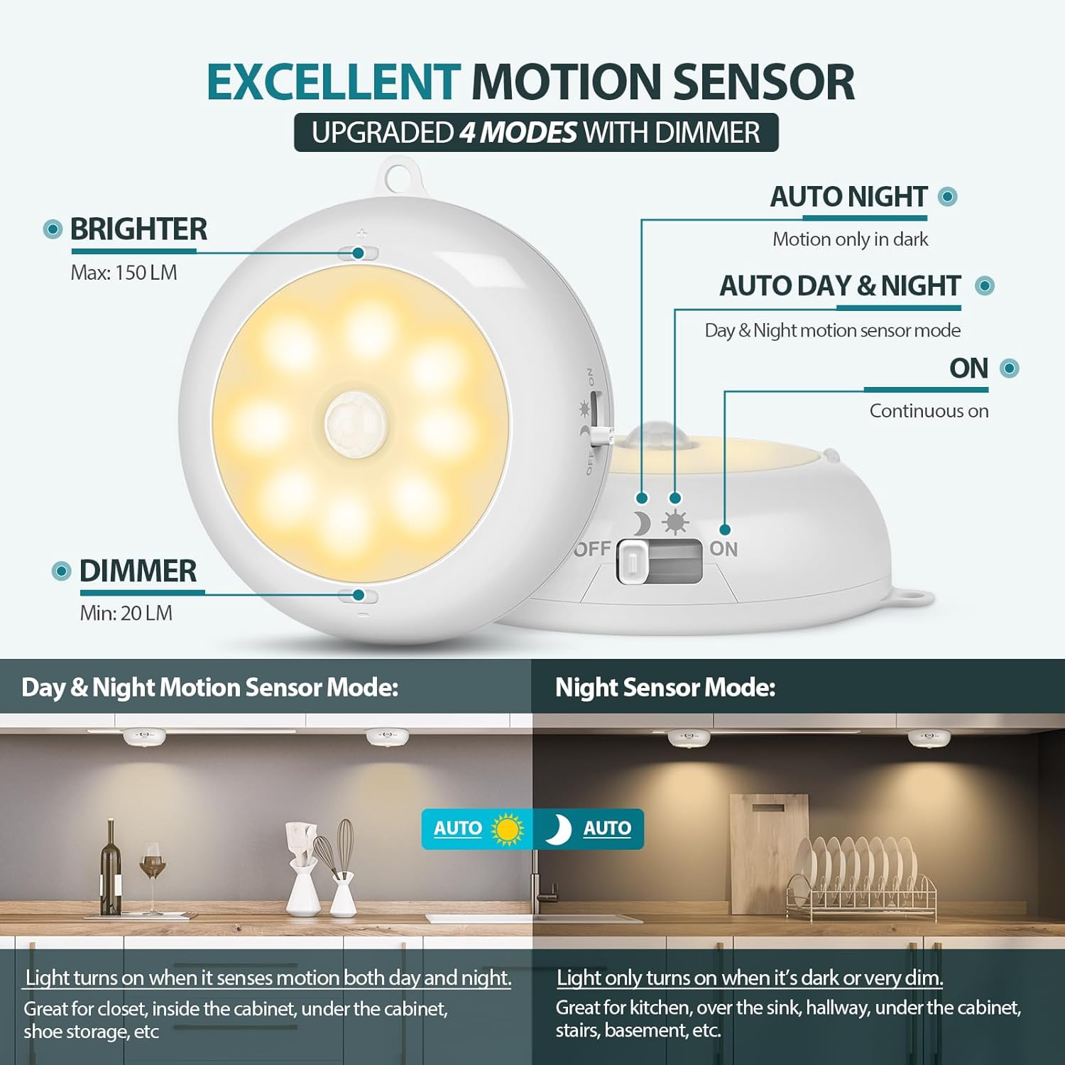 Under Cabinet Lighting, LED Puck Lights AA Battery Operated, Closet Lights Motion Sensored for Kitchen, Shelf, Dimmable & Magnetic, 3000K Warm White (6 Pack)
