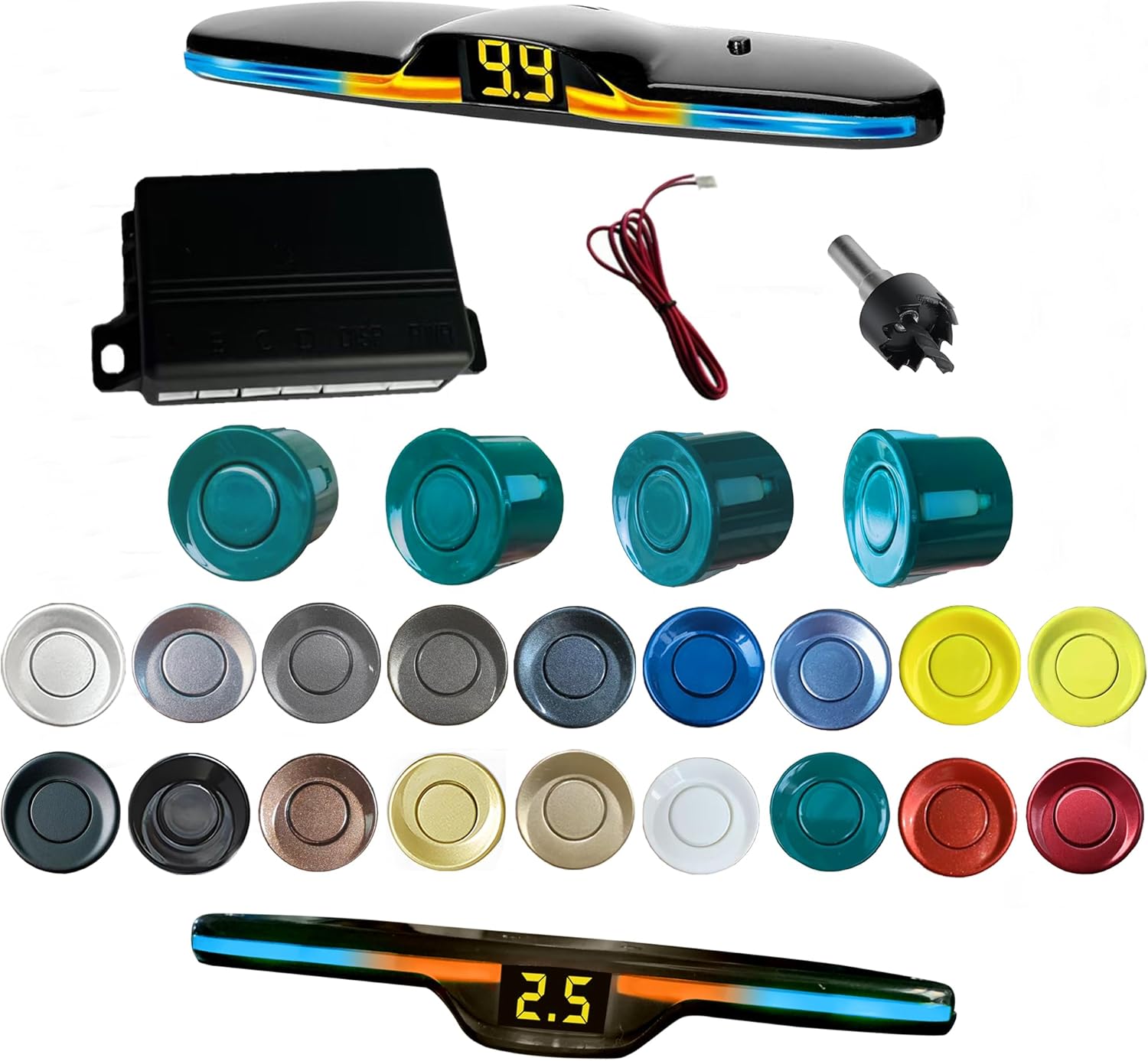 New Feature Rear Parking Sensor with Selectable Distance in Feet, Bidirectional Display Options, and Customizable Numeric Orientation and There are 18 Color Probes to Choose from(Green)