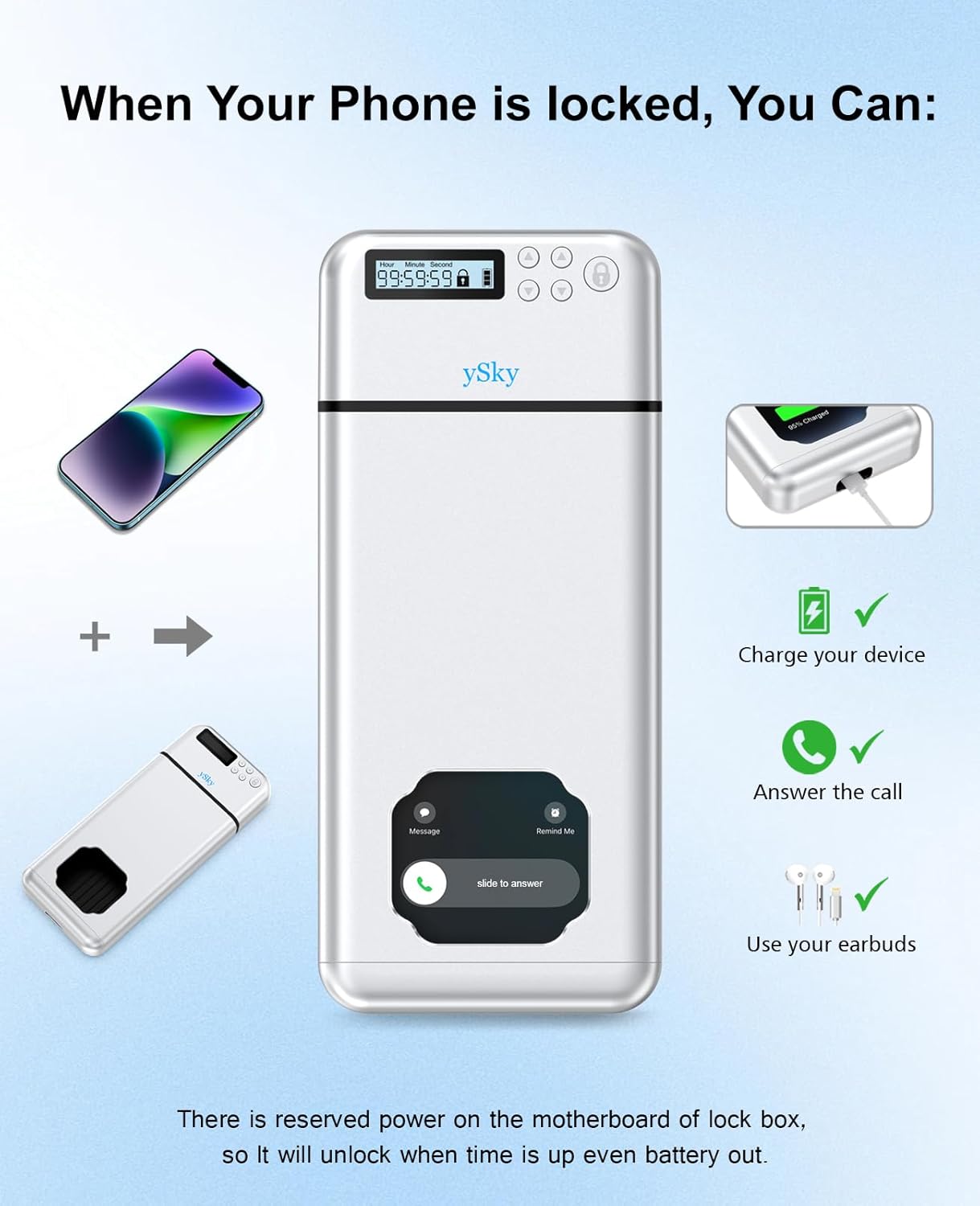 ySky Metal Phone Lock Box with Timer,Portable Timed Phone Lock Box for iPhone and Android Phones, Self-Control Timer Phone Locker to Help Kids,Students, Adults Focus Back, Phone Jail Box