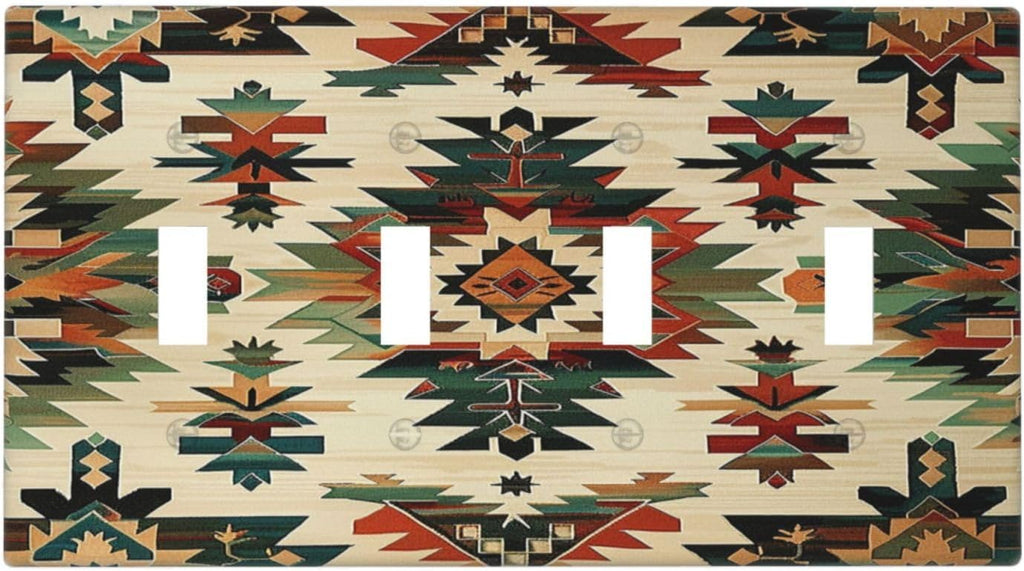 Light Switch Covers Southwest Rustic American Indian Aztec Boho Quad Toggle Electrical Faceplate 4 Gang Wall Plate Decorative Switch Plates for Bed Room living Room Decor