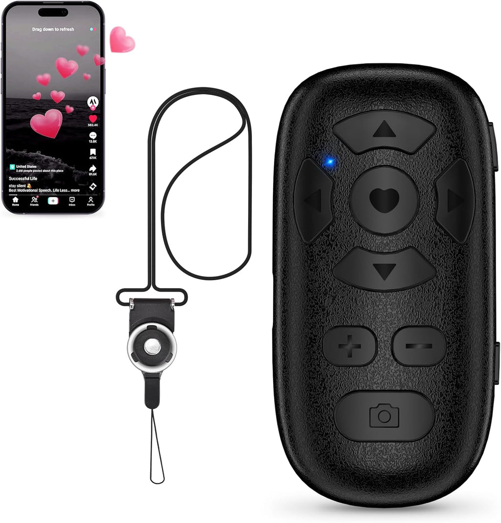 TikTok Scrolling Remote Control for iPhone and Android Smartphones, Bluetooth Page Turner for Kindle App, Camera Photo and Video Clicker for iPhone, and Samsung Neck Strap Included.(Black)