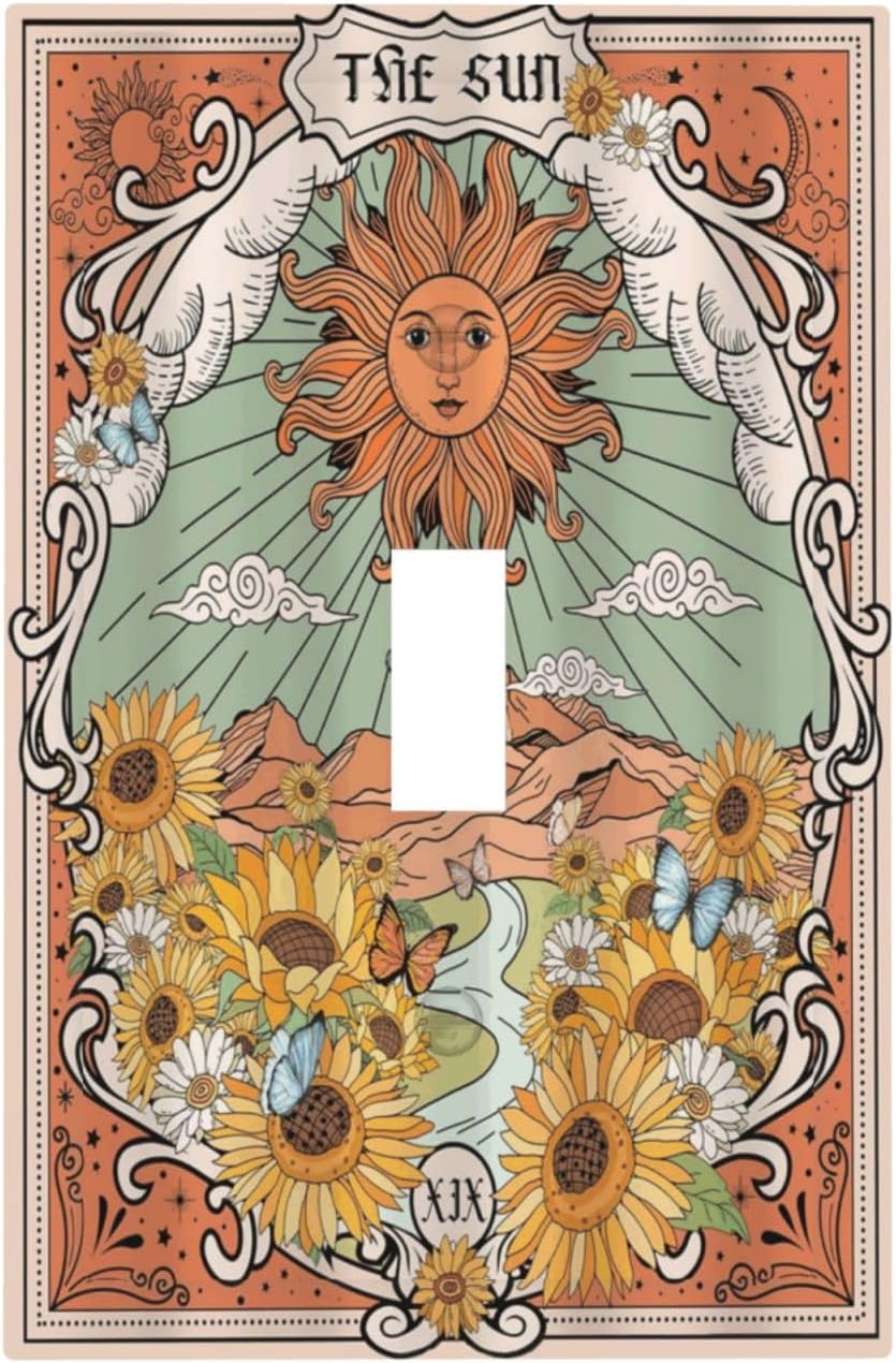Boho Retro Sun Sunflower Vintage Flower Butterfly Decorative Light Switch Cover 1 Gang Single Toggle Device Electrical Faceplate Switchplates Decorator Outlet Wall Plate for Farmhouse Home Decor